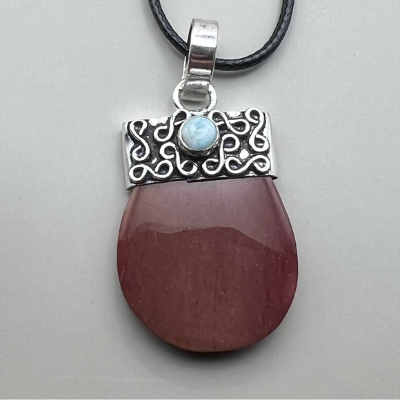 New Mookaite with Larimar Accent Stone Silver Overlay Cap Pendant Necklace Cord - Picture 5 of 5